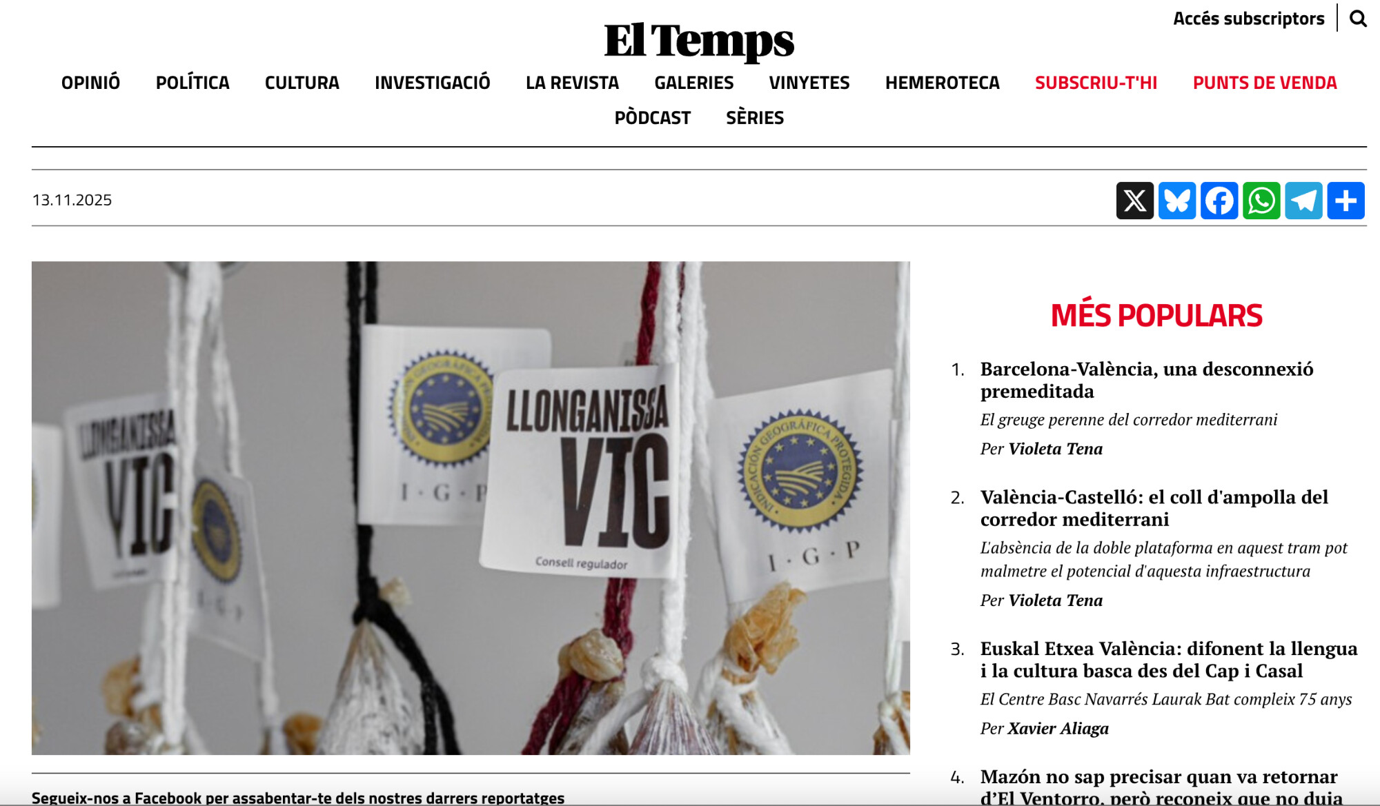 La IGP Llonganissa de Vic, protagonista a El Temps